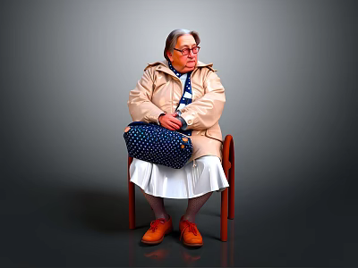 Elderly Woman Sitting On Chair With Beige Coat Blue Polka Dot Bag And Orange Shoes 3d model