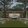 Serene Residential Landscape With Lush Grass Pathway Flowering Tree Decorative Wall And Trimmed Shrubs