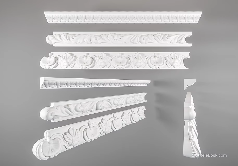 Ornate Decorative Gypsum Cornice Mouldings With Various Intricate Carved Patterns 3d model 