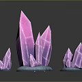 Purple Crystal Clusters With Pointed Tips On Blue Bases Over Black Reflective Surface Gray Background