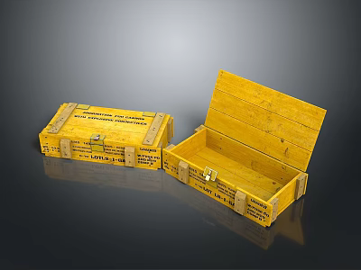 Yellow Wooden Boxes With Open And Closed Lids And Shipping Labels 3d model