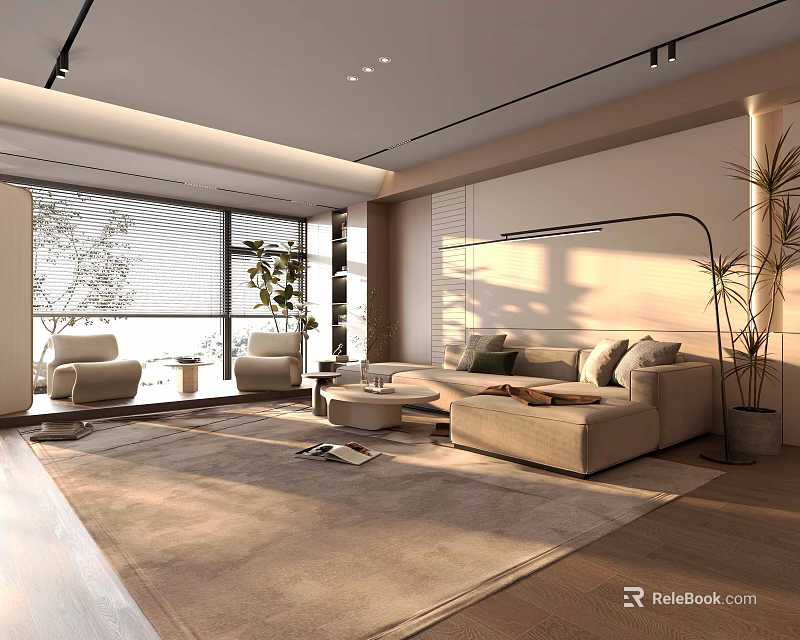 Modern Living Room Interior With Open Layout Sofa Rug Plants And Floor To Ceiling Windows 3d model 