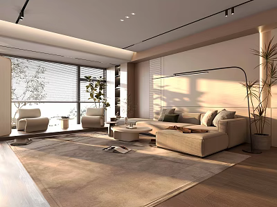 Modern Living Room Interior With Open Layout Sofa Rug Plants And Floor To Ceiling Windows 3d model