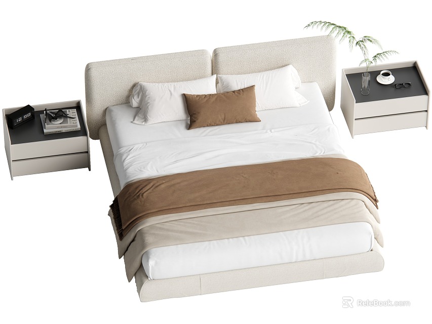 Modern Double Bed With Beige Headboard White Sheets Brown Pillow Blanket Nightstands Book And Plant 3d model 