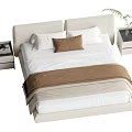 Modern Double Bed With Beige Headboard White Sheets Brown Pillow Blanket Nightstands Book And Plant