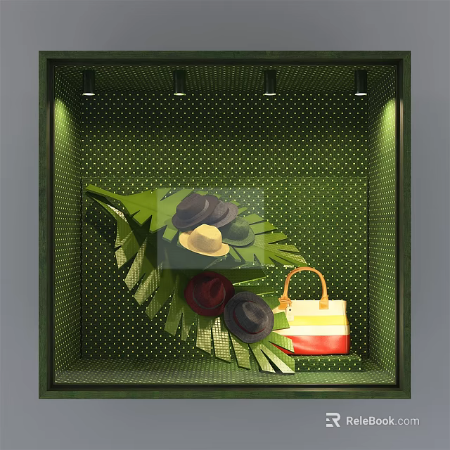 Green Dotted Window Display With Large Leaf Decoration Hats And Colorful Handbag 3d model 