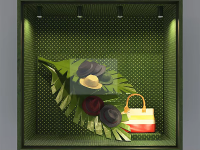 Green Dotted Window Display With Large Leaf Decoration Hats And Colorful Handbag 3d model