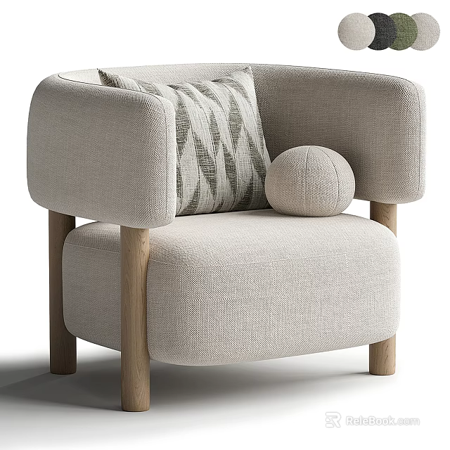 Modern Single Sofa With Light Beige Linen Fabric Wooden Legs And Decorative Pillow 3d model 