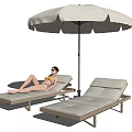 Outdoor Lounge Chairs with Wooden Frame Beige Cushions and Sunshade Umbrella for Relaxation