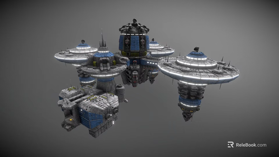 Cartoon Scenario Of Sci Fi Spaceship With Multiple Disc Structures Tower Top Blue Gray Details 3d model 