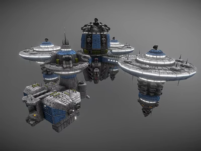Cartoon Scenario Of Sci Fi Spaceship With Multiple Disc Structures Tower Top Blue Gray Details 3d model