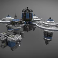 Cartoon Scenario Of Sci Fi Spaceship With Multiple Disc Structures Tower Top Blue Gray Details