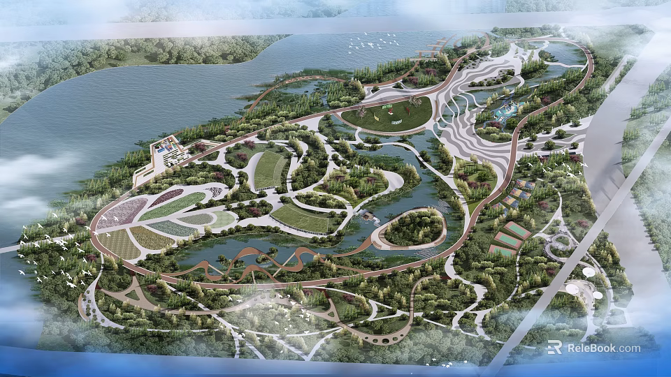 Scenic Park Landscape With Winding Paths Green Lawns Lush Vegetation And Water Area 3d model 