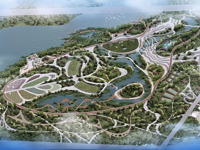 Scenic Park Landscape With Winding Paths Green Lawns Lush Vegetation And Water Area 3d model