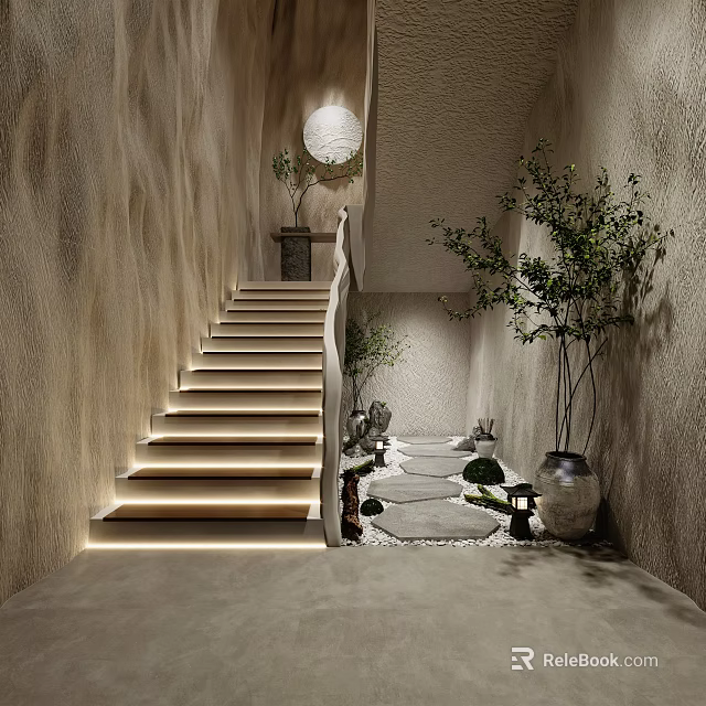 Modern Interior Corridor Design With Textured Walls Lit Wooden Staircase Stone Path And Plants 3d model 