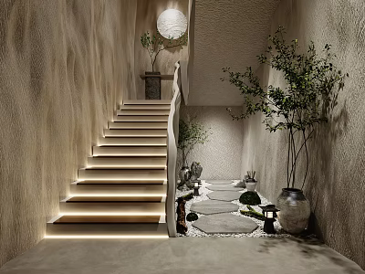 Modern Interior Corridor Design With Textured Walls Lit Wooden Staircase Stone Path And Plants 3d model