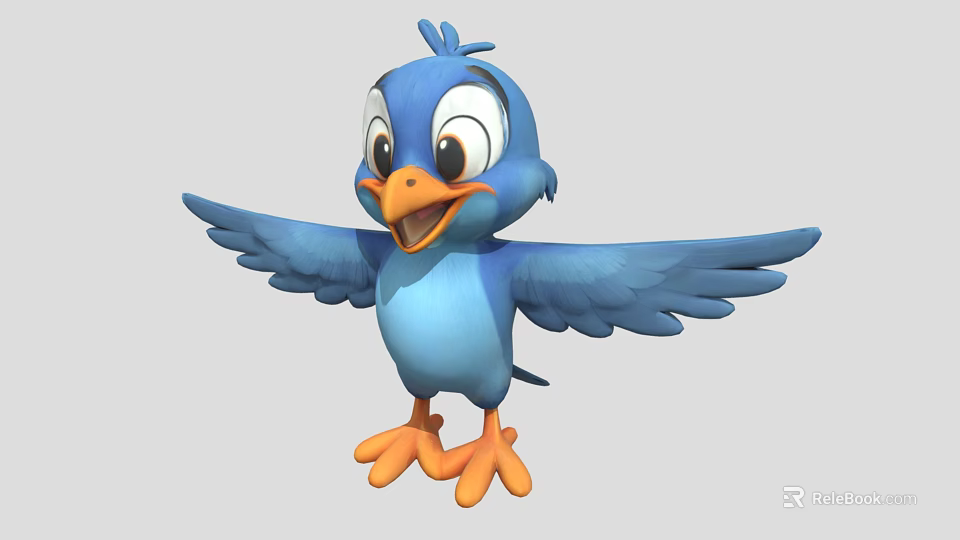 Cute Blue Bird Doll With Spread Wings Big Eyes And Orange Beak Feet 3d model 