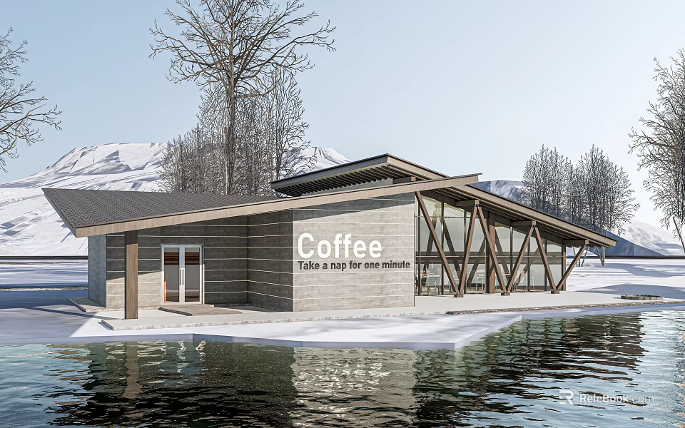 Modern Coffee House Building With Waterfront Location Snowy Mountain View And Wooden Glass Structure 3d model 