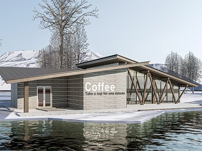 Modern Coffee House Building With Waterfront Location Snowy Mountain View And Wooden Glass Structure 3d model