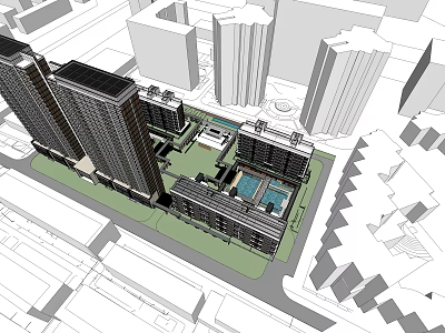Modern Architectural Complex With High Rise Buildings Green Space And Central Pool 3d model