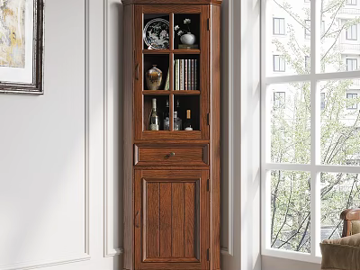 Classic Wooden Display Cabinet With Glass Door And Decorative Vases Books In Home Interior 3d model