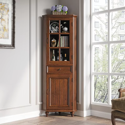 Classic Wooden Display Cabinet With Glass Door And Decorative Vases Books In Home Interior 3d model