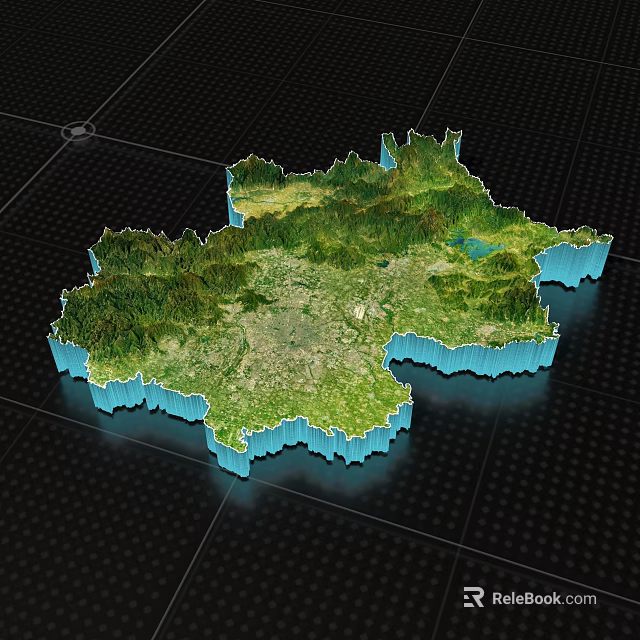 3D Garden Landscape Model with Green Vegetation Blue Water Bodies and Topographical Grid 3d model 