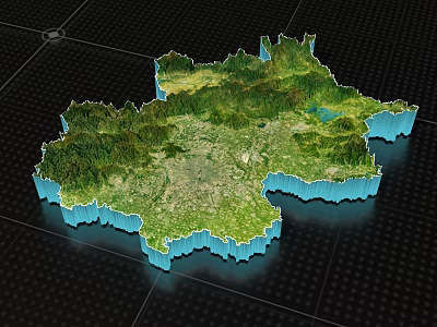 3D Garden Landscape Model with Green Vegetation Blue Water Bodies and Topographical Grid 3d model
