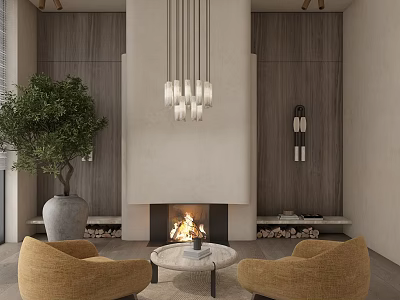 Modern Living Room Interior With Fireplace Chandelier Tan Armchairs Marble Coffee Table And Wooden Walls 3d model
