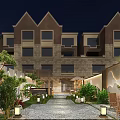 Modern Garden Landscape At Night Featuring Wooden Screen Mountain Pattern Green Plants And Lanterns