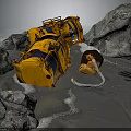 Yellow Industrial Winch Equipment With Rocks Seawater And Footprints On Beach
