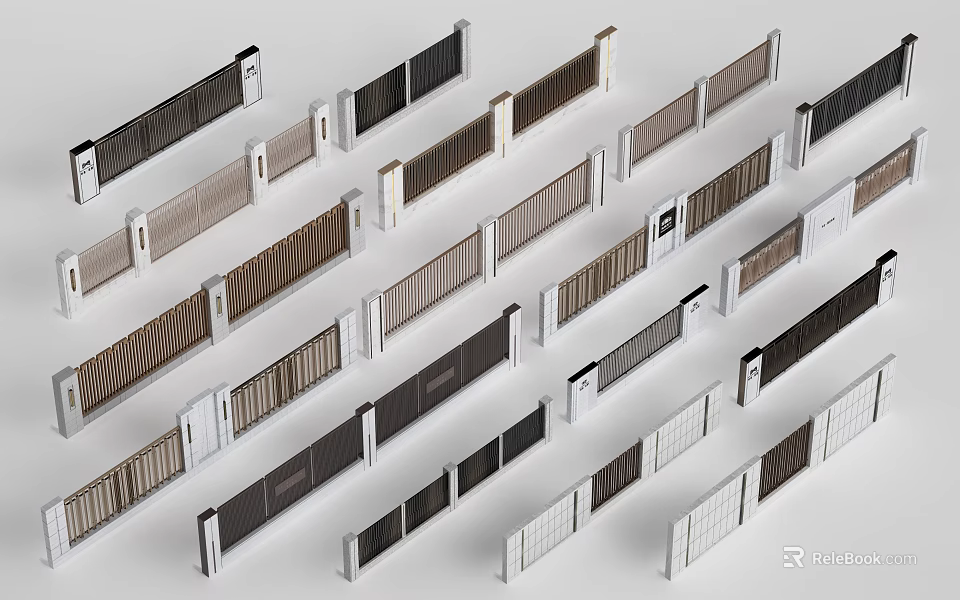 Various Modern And Traditional Fence Designs With Slatted And Panel Styles 3d model 