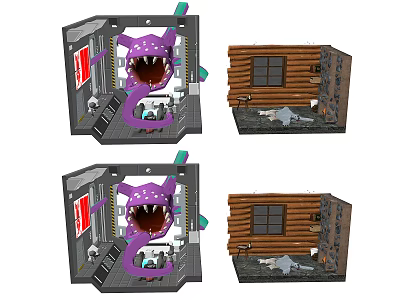 Purple Monster Room Interior With Open Mouth And Wooden Cabin Scene Details 3d model