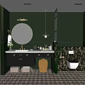 Elegant Dark Green Bathroom Interior With Round Mirror Double Vanity And Plant Patterned Tiles