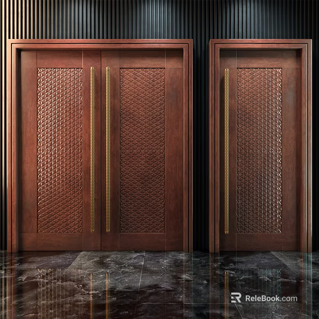 Elegant Copper Colored Double Doors With Intricate Carved Patterns And Metallic Frames 3d model 