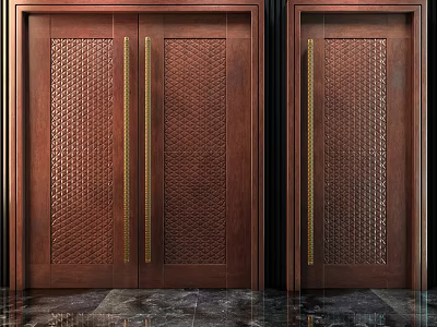 Elegant Copper Colored Double Doors With Intricate Carved Patterns And Metallic Frames 3d model