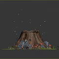Natural Scene with Tree Stump Green Grass Red Mushrooms Rocks Small Flowers and Glowing Spots