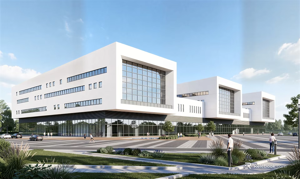Modern Industrial Factory Exterior With White Architecture Large Glass Windows And Surrounding Greenery 3d model 