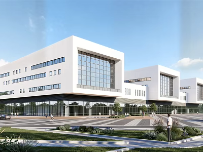 Modern Industrial Factory Exterior With White Architecture Large Glass Windows And Surrounding Greenery 3d model