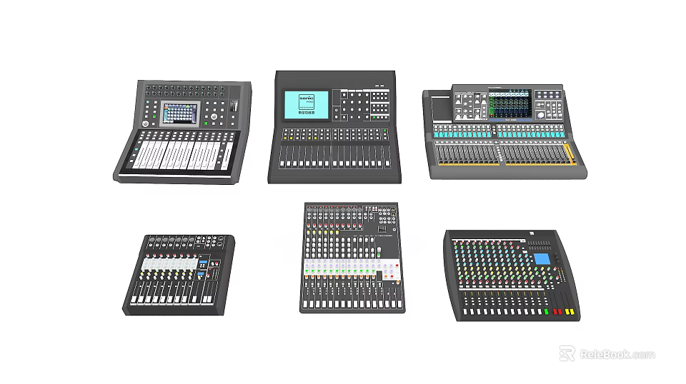 Professional Audio Mixing Consoles With Various Control Panels Knobs And Display Screens 3d model 