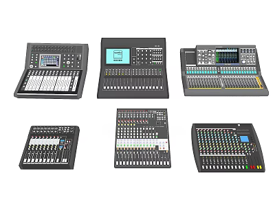 Professional Audio Mixing Consoles With Various Control Panels Knobs And Display Screens 3d model