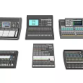 Professional Audio Mixing Consoles With Various Control Panels Knobs And Display Screens