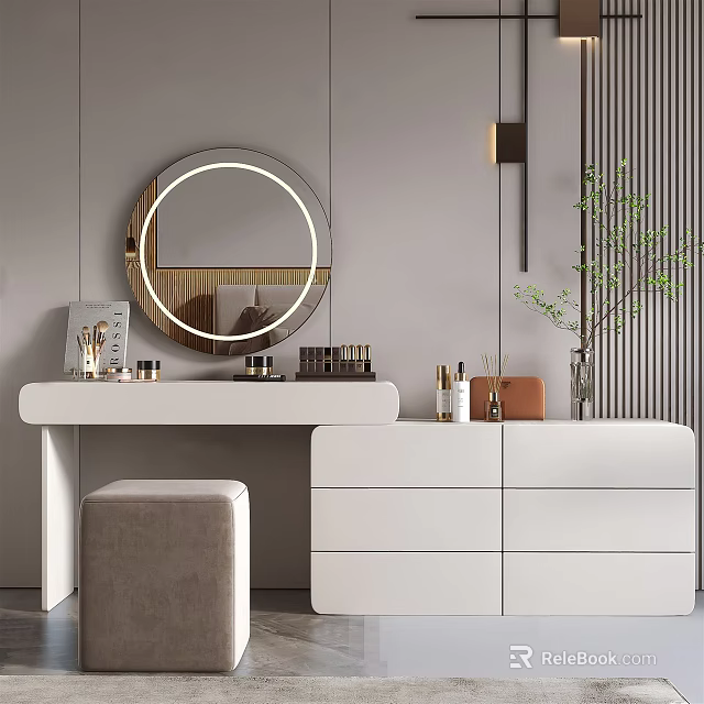 Elegant Modern Dressing Table Interior With White Round Mirror Drawers Stool And Decor Items 3d model
