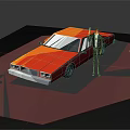 Vibrant Orange Classic Car With Standing Man In Suit And Geometric Red Orange Background