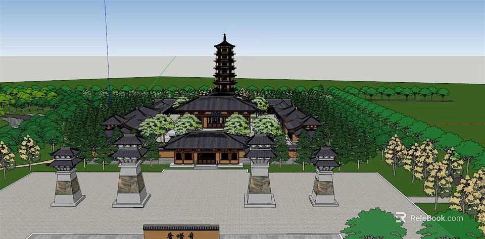 Traditional Ancient Architecture With Multi Tiered Tower Stone Pillars And Surrounding Green Trees 3d model 