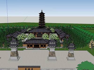 Traditional Ancient Architecture With Multi Tiered Tower Stone Pillars And Surrounding Green Trees 3d model