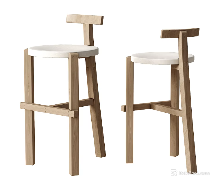 Modern Wooden Bar Stools With White Round Seat And Simple Frame Design 3d model 