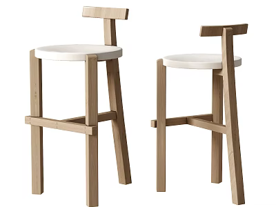 Modern Wooden Bar Stools With White Round Seat And Simple Frame Design 3d model