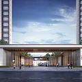 Modern Covered Main Entrance Gate With High Rise Buildings Greenery And Pedestrians
