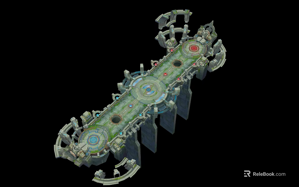 3D Fantasy Platform Structure With Green Surface And Circular Design Elements 3d model